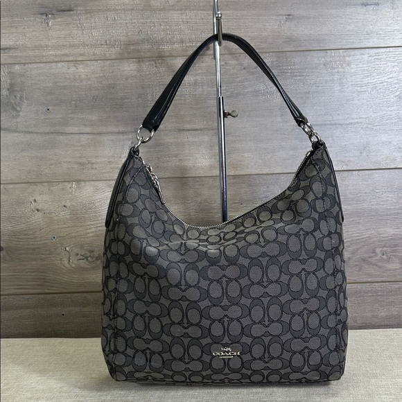 COACH F58327 Celeste Gray and Black Signature Canvas Hobo Shoulder Handbag - Picture 1 of 11